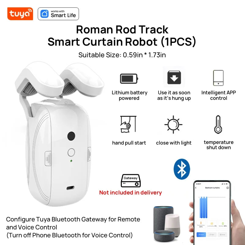 1PCS Tuya Smart Curtain Robot, Roman Rod Track, APP Control,Single/Double (Works with Tuya Gateway for Remote Control)