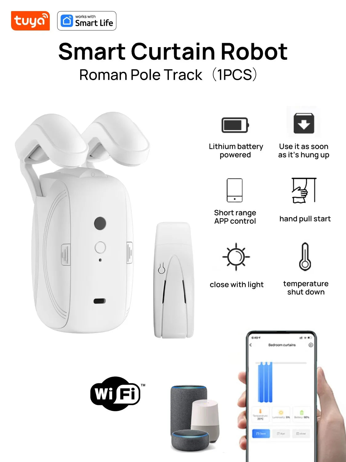 1PCS Tuya Smart Wifi Curtain Robot (1PCS with Hub) for Roman Rod Track - App Remote Control, Alexa & Google Home Compatible