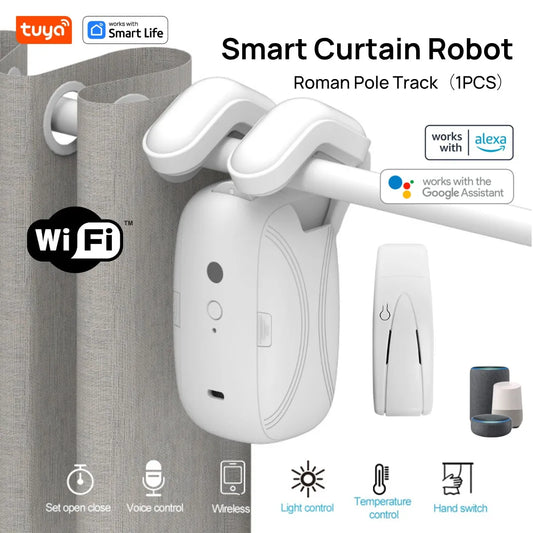 1PCS Tuya Smart Wifi Curtain Robot (1PCS with Hub) for Roman Rod Track - App Remote Control, Alexa & Google Home Compatible