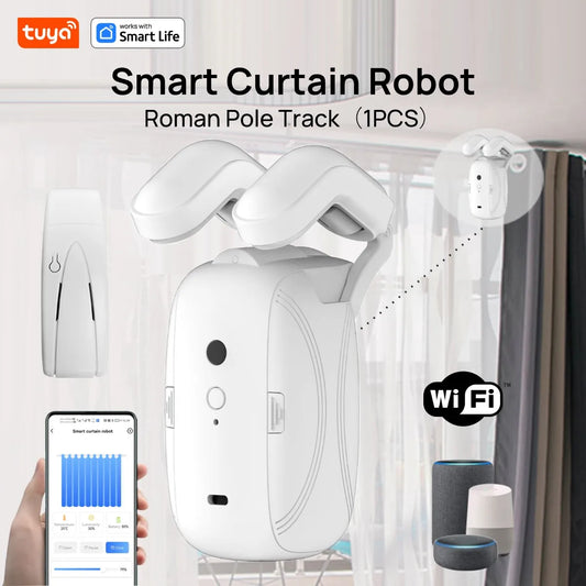 1PCS Tuya Smart Wifi Curtain Robot (1PCS with Hub) for Roman Rod Track - App Remote Control, Alexa & Google Home Compatible